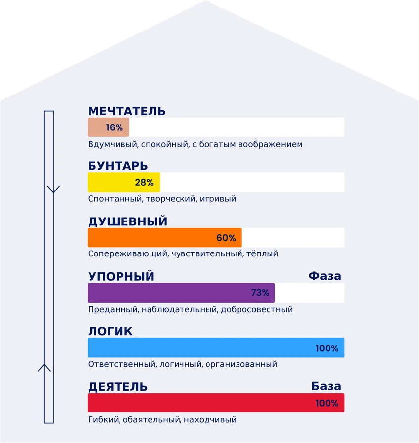 Пример страницы профиля PCM «Ваша структура личности»: дом из шести типов личности с процентами — от базы (Деятель) до Мечтателя